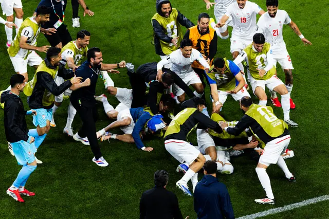 Shoja Khalilzadeh #4 of IR Iran celebrates with teammates after scoring a goal that was ruled offside following a VAR review during the FIFA World Cup 2026 Group G match against Egypt at Seattle Stadium on June 26, 2026 in Seattle, Washington.