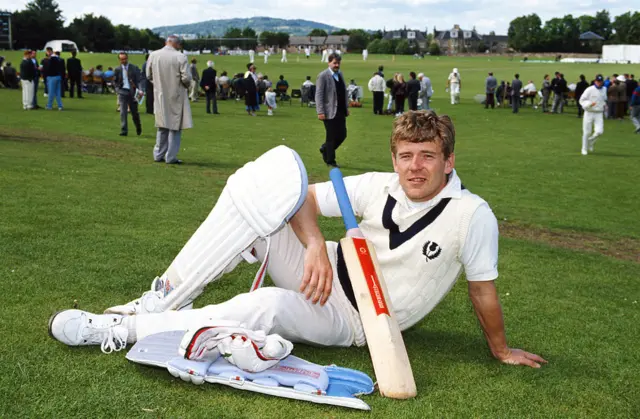 Andy Goram lounging before waiting to bat for Scotland