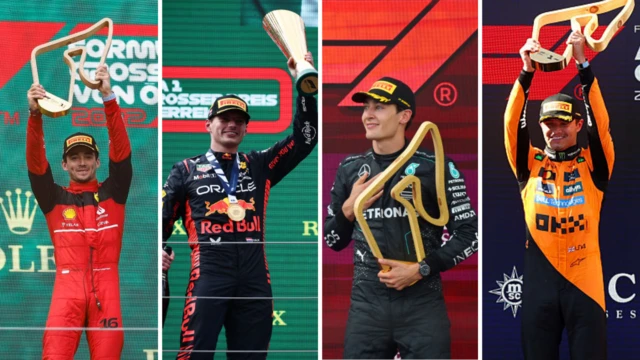 A split picture of Charles Leclerc, Max Verstappen, George Russell and Lando Norris