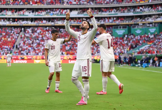 Alex Baena #15 of Spain celebrates scoring his team's first goal