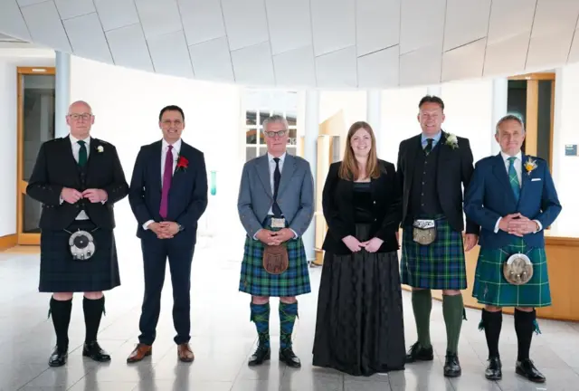 First Minister and SNP leader John Swinney, Scottish Labour leader Anas Sarwar, Reform UK Scotland leader Malcolm Offord, Scottish Green Party co-leader Gillian Mackay, Scottish Conservatives leader Russell Findlay and Scottish Liberal Democrat leader Alex Cole-Hamilton in the Garden Lobby.