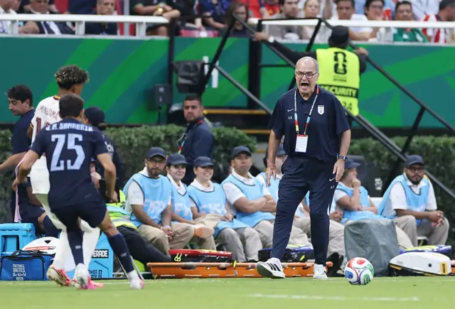Marcelo Bielsa, Head Coach of Uruguay, shouts