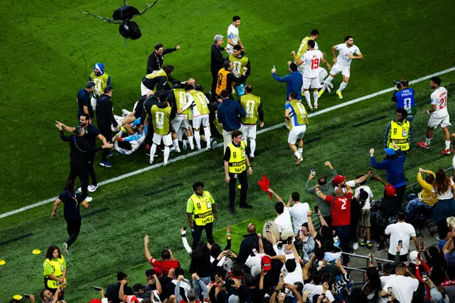 Shoja Khalilzadeh #4 of IR Iran celebrates with teammates after scoring a goal that was ruled offside following a VAR review during the FIFA World Cup 2026 Group G match against Egypt at Seattle Stadium on June 26, 2026 in Seattle, Washington.