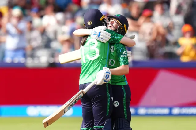 Louise Little and Rebecca Stokell celebrate Ireland's win over West Indies