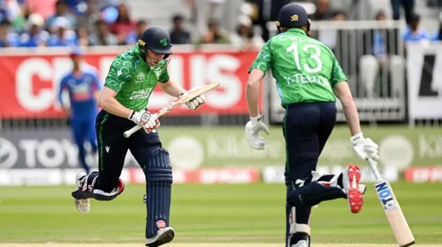 Lorcan Tucker and Harry Tector sprint between the wickets at Stormont