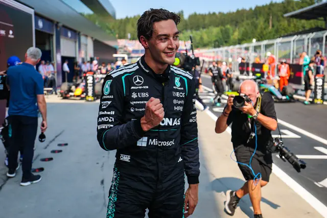 Race winner George Russell celebrates after the 2026 Austrian Grand Prix