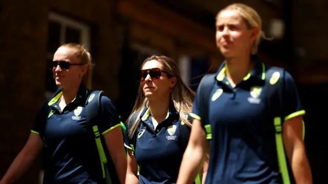 Kim Garth, Sophie Molineux and Phoebe Litchfield arrive at Lord's