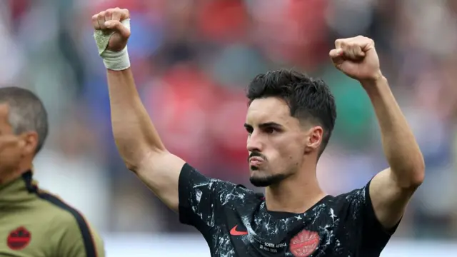Canada midfielder Stephen Eustáquio reacts after Canada defeated South Africa 1-0 at the World Cup round of 32 knock out match between Canada and South Africa.