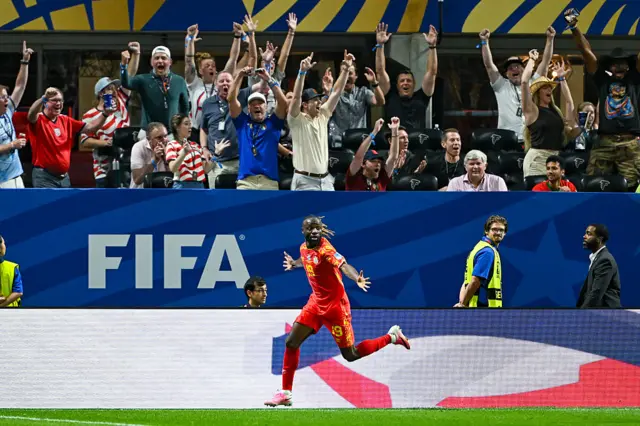 Fiston Mayele #19 of Congo reacts after scoring a second-half goal as fans cheer during the FIFA World Cup 2026 Group K match between Congo DR and Uzbekistan on June 27th, 2026 at Atlanta Stadium in Atlanta, GA.