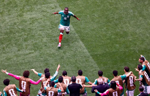 Julián Quiñones celebrates after scoring for Mexico against South Africa following a turnover on the edge of the area