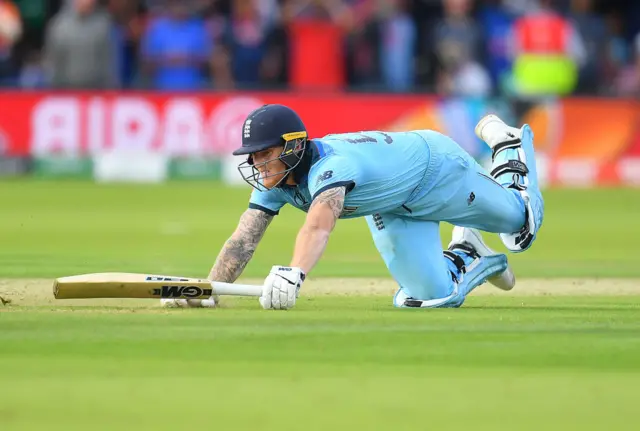 Ben Stokes slides into his crease at Lord's during the 2019 World Cup final