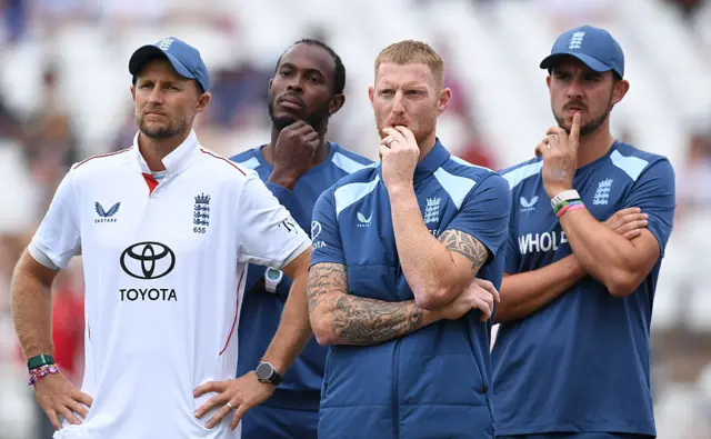 Joe Root and Ben Stokes wait for the presentation at Trent Bridge