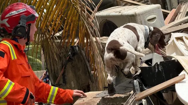 A UK ISAR specialist working with a search dog in Venezuela following earthquakes.