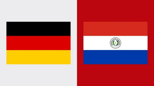 The Germany and Paraguay flags. There is a white background behind the Germany flag, and a red background behind the Paraguay flag.