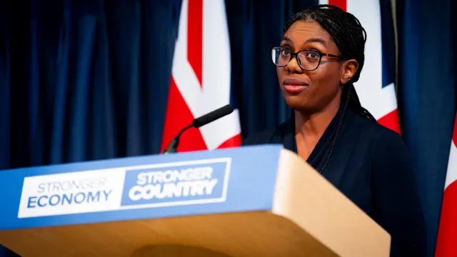 Conservative Party leader Kemi Badenoch delivers a speech on the economy at Victory Services Club, central London