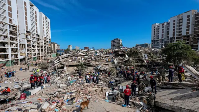 A rescue dog from the Argentine search and rescue team searches for bodies in the rubble of a collapsed building in La Guaira state, Venezuela, on June 28, 2026