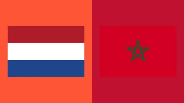 The Netherlands and Morocco flags. The Netherlands flag has an orange background, and the Morocco flag has a dark red background.