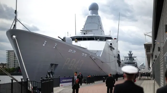 Dutch naval vessel HNLMS Groningen is berthed at the Defence and Security Exhibition on September 10, 2013 in London, England