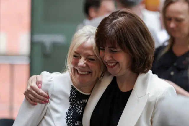 Labour Party deputy leader Lucy Powell (right), seen here with Mayor of West Yorkshire Tracy Brabin, was in the audience for Burnham's speech in Manchester earlier