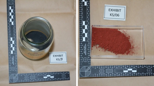 Explosive powders found at Strang's home. One on the left is a dark grey or black substance, while the one on the right is bright red