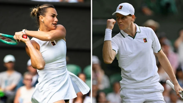 Split image of Aryna Sabalenka (left, wearing a white dress and playing a two-handed backhand with her racquet over her right shoulder) and Jannik Sinner (right, wearing white polo shirt, shorts and cap, clenching his right fist in front of his face in celebration)
