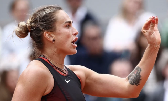 Belarus' Aryna Sabalenka reacts