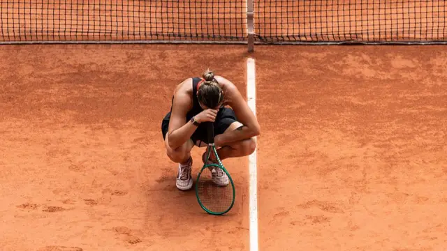 Aryna Sabalenka reacts to losing a point during her quarter-final defeat