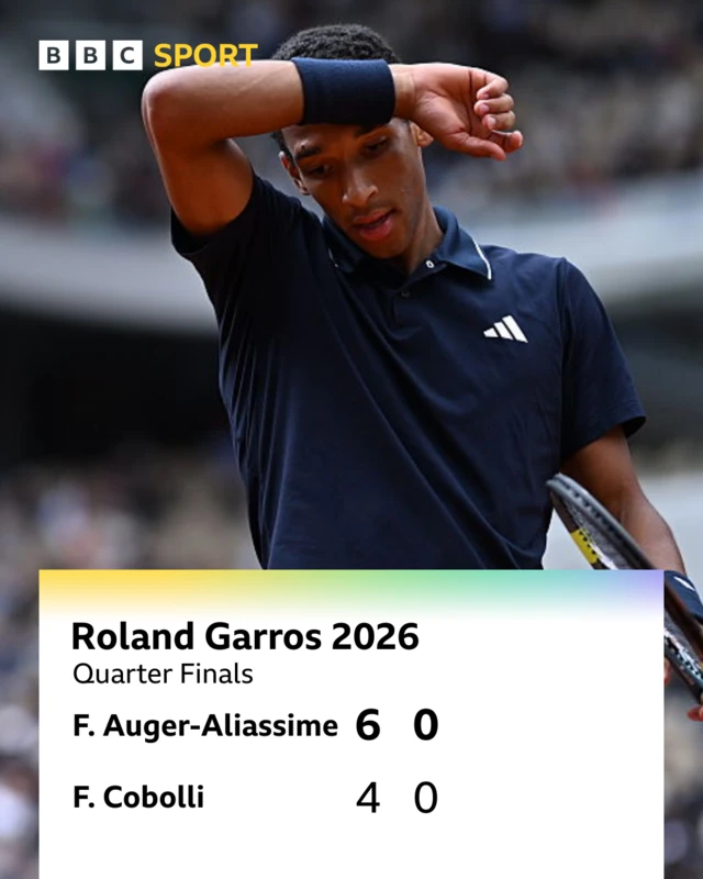 *Auger-Aliassime 6-4 0-0 Cobolli - Auger-Aliassime looks on