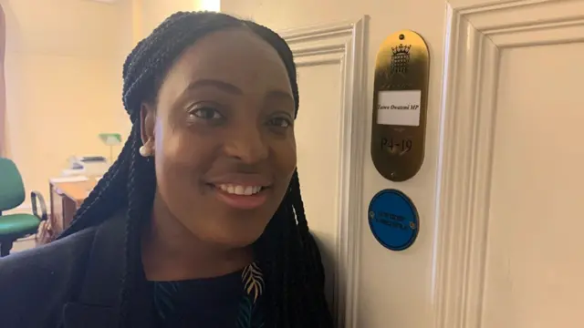 A woman is prominent in the photo on the left and standing by a door on the right.