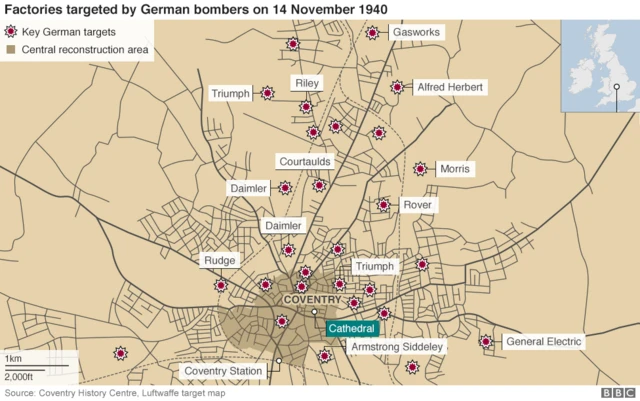 A map that shows the factory sites that were targeted in Coventry during November 1940