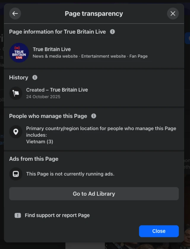 The page transparency page for an account called "True Britain Live". It notes that it was created on 24 October 2025 and the people who manage is Vietnam.