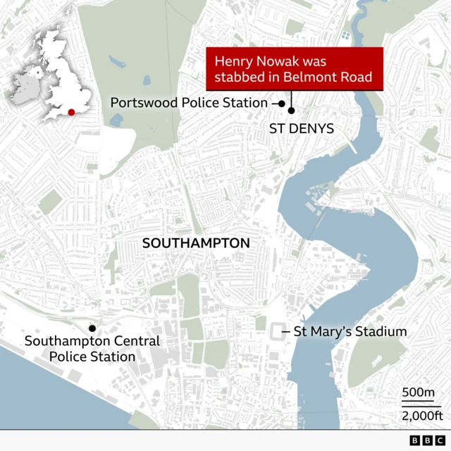 A map showing Belmont Road, in Southampton, where Henry Nowak was stabbed, labelling the St Denys area, Portwood Police Station nearby and Southampton Central Police Station to the south west.