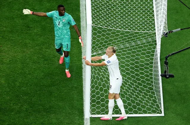 Erling Haaland of Norway reacts after a missed chance