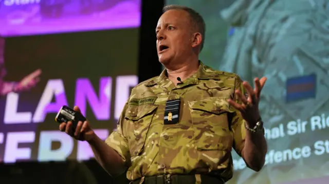 Air Chief Marshall Sir Richard Knighton delivers the closing keynote address at the Rusi Land Warfare Conference, at Church House, in Westminster, central London. Picture date: Wednesday June 24, 2026