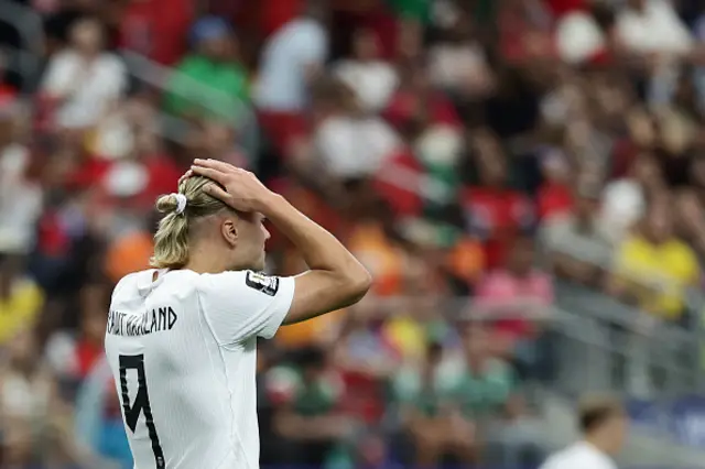 Erling Braut Haaland reacts to a missed chance