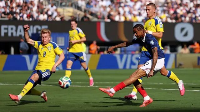 Bradley Barcola #12 of France shoots against Daniel Svensson #8 of Sweden during the FIFA World Cup 2026 Round Of 32 match between France and Sweden
