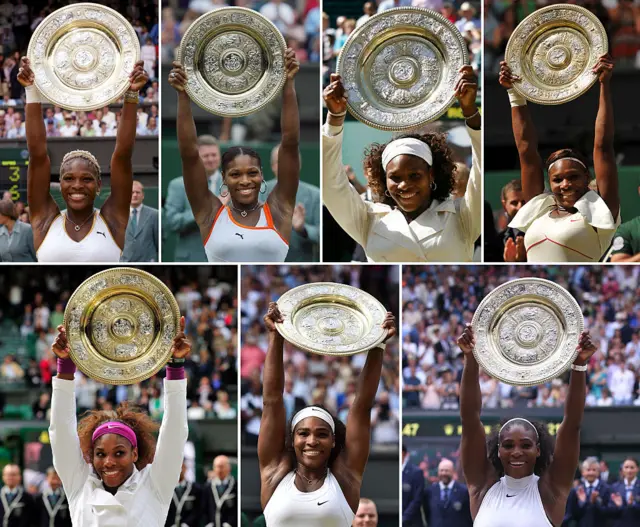 Composite image (four top, three bottom) of Serena Williams holding the Wimbledon singles trophy - a round silver plate - above her head