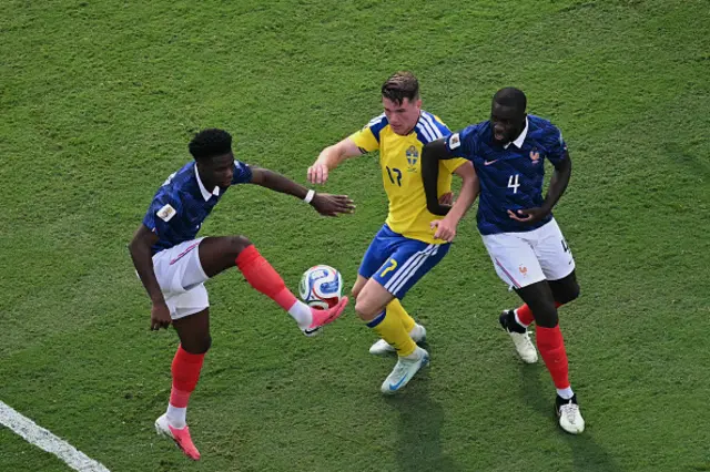 Aurelien Tchouameni and defender Dayot Upamecano fight for the ball