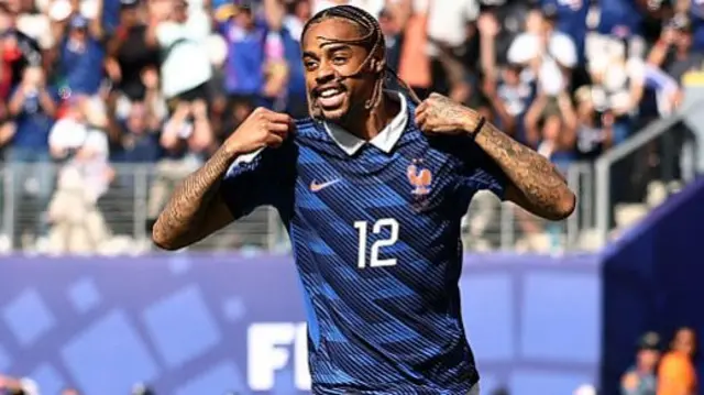 Bradley Barcola #12 of France celebrates scoring his team's second goal during the FIFA World Cup 2026 Group I match between France and Senegal