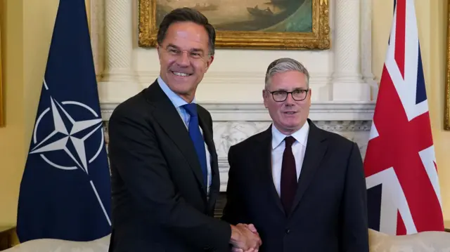 Prime Minister Keir Starmer greets Mark Rutte, Nato secretary-general, with a handshake inside No 10 Downing Street