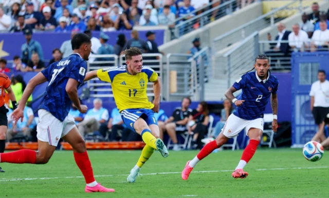 Sweden's Viktor Gyokeres shoots at goal