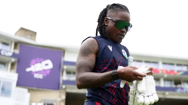 Deandra Dottin warms up before the Women's T20 World Cup semi-final between Australia and West Indies