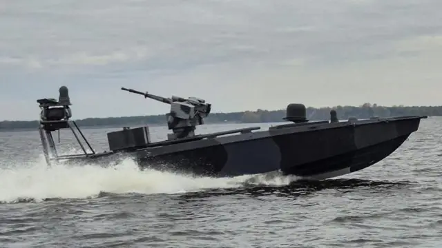 A Ukrainian naval drone boat at sea
