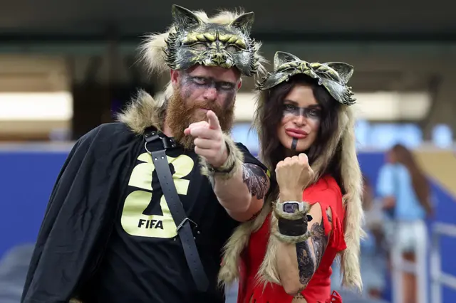 Two Norway fans wear wolf masks ahead of the FIFA World Cup 2026 Round of 32 match between Côte d'Ivoire and Norway.