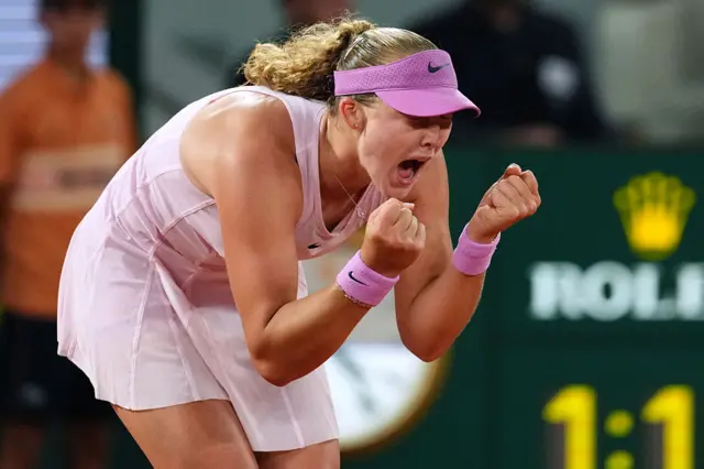 Mirra Andreeva celebrates her victory at the end of her women's semi final singles match