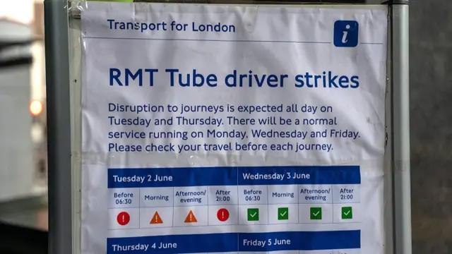 A sign showing the strikes and their impact throughout the day, before 6:30 it is bad, then morning and evening it's okay, back to bad after 21:00