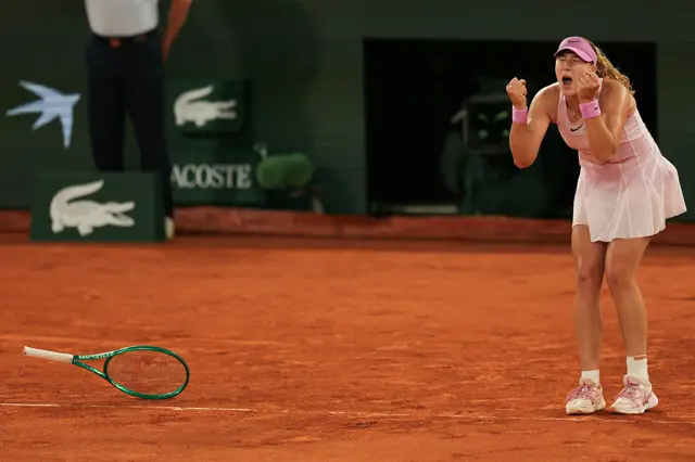 Mirra Andreeva celebrates after winning against Ukraine's Marta Kostyuk