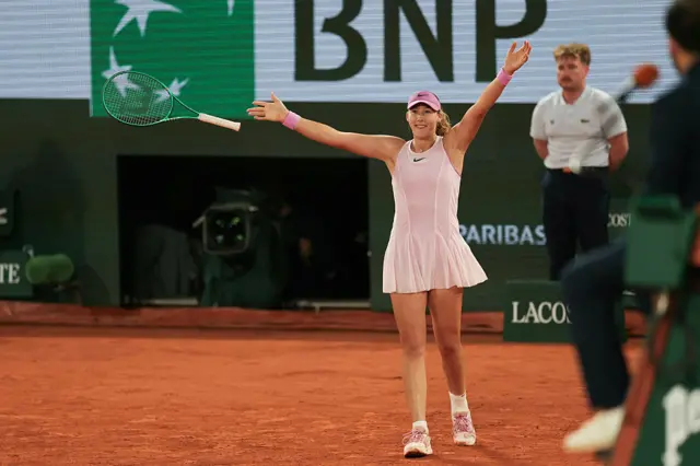 Mirra Andreeva celebrates after winning against Ukraine's Marta Kostyuk