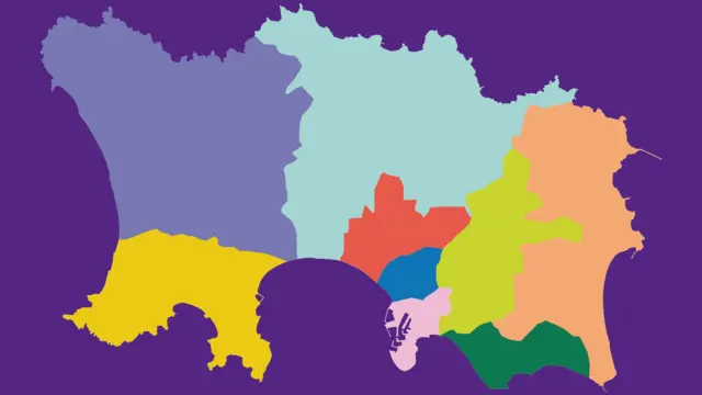 A map with multi-coloured areas within the map on a purple background.