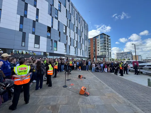 Crowds outside the University of Suffolk